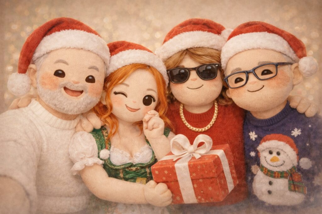 Die KI-generierten Frank Heck, Pirschkira, Klaus Carpendale und Torsten Kuhn wünschen eine angenehme Weihnachtszeit