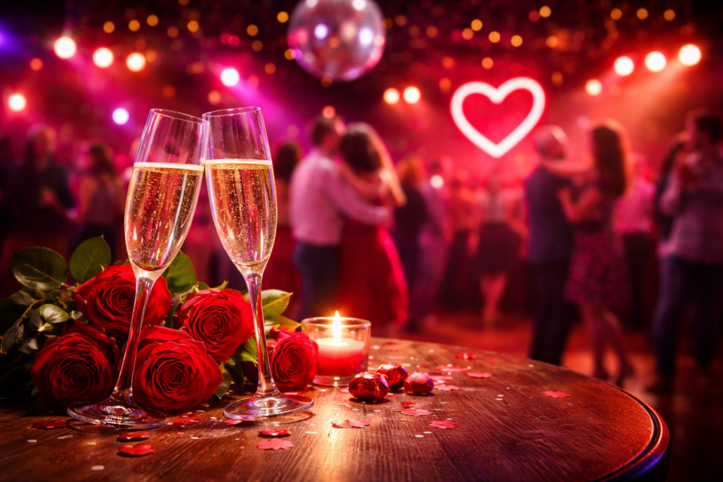 Ein runder Holztisch in einem Club, darauf zwei gefüllte Sektgläser, ein Strauß roter Rosen und eine brennende Kerze. Im Hintergrund tanzen unscharf mehrere Paare unter warmem, rotem Licht, eine Discokugel hängt von der Decke, an der Wand leuchtet ein herzförmiges Neonlicht. Atmosphäre einer romantischen Schlager-Tanznacht.