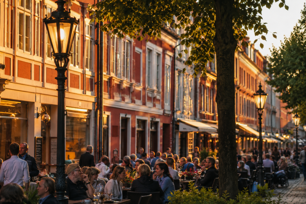 Pirschheidi Potsdam: Sommerlicher Abend in einer historischen Potsdamer Straße mit warmem Licht, Gaslaternen und Gästen auf einer belebten Terrasse