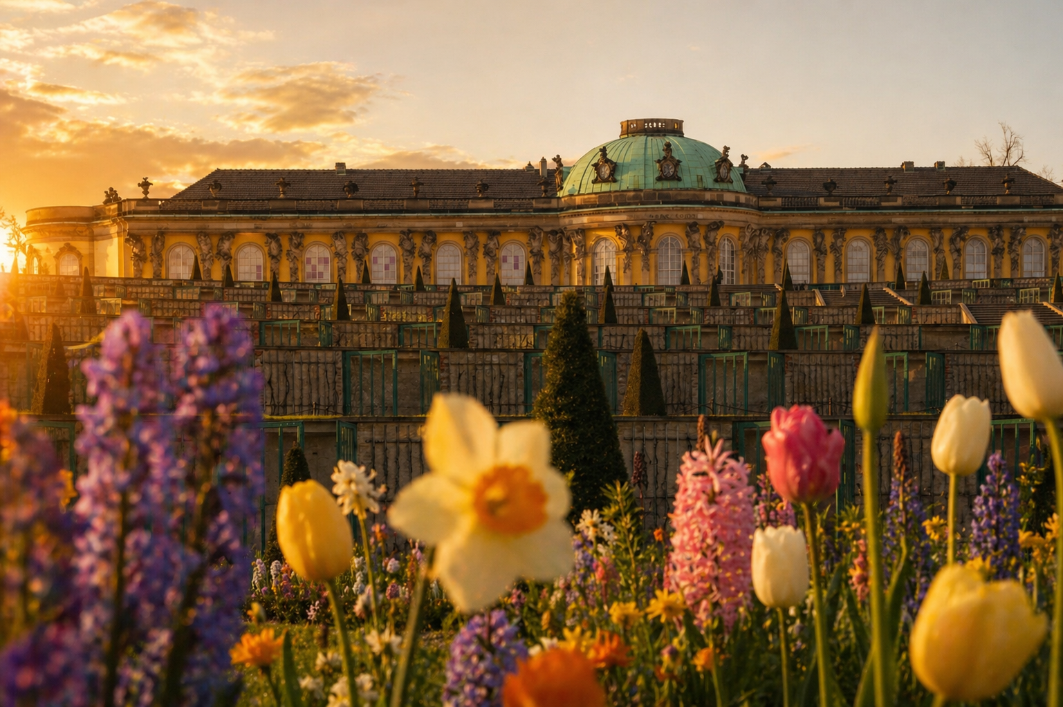 Potsdam Lied Motiv mit Schloss Sanssouci in Potsdam bei Abendsonne und blühenden Blumen im Vordergrund