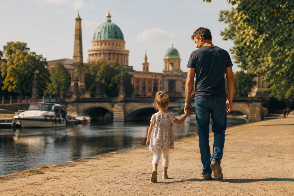 Vater und Kind spazieren im warmen Abendlicht durch Potsdam am Wasser, passend zum Papi Potsdam Lied über Nähe, Eis im Park und gemeinsame Erinnerungen.