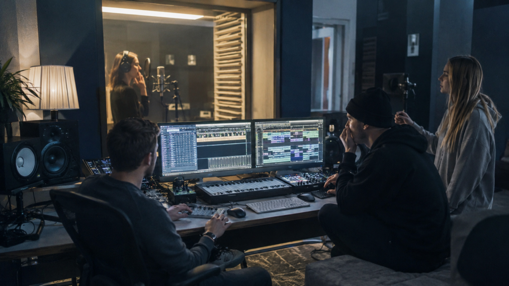 Menschen arbeiten in einem modernen Musikstudio an einem Pop-Schlager-Track, während die Szene das Thema Tanzen Potsdam atmosphärisch aufgreift.