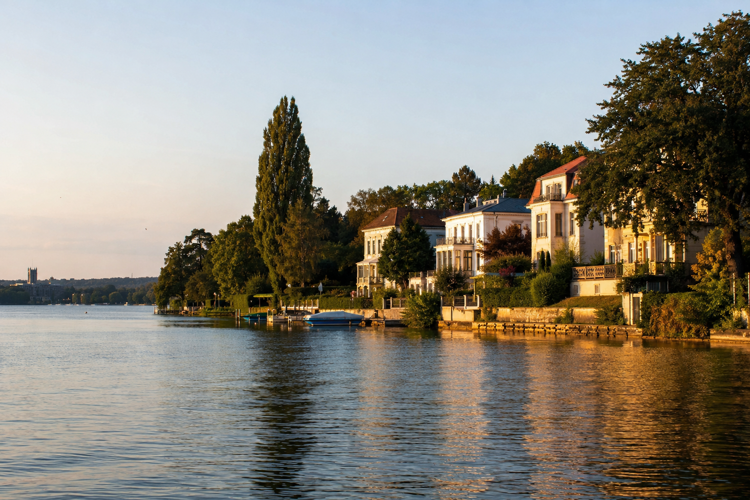 Blick über das Havelufer auf historische Villen in der Berliner Vorstadt Potsdam im warmen Abendlicht mit ruhigem Wasser und alten Bäumen.