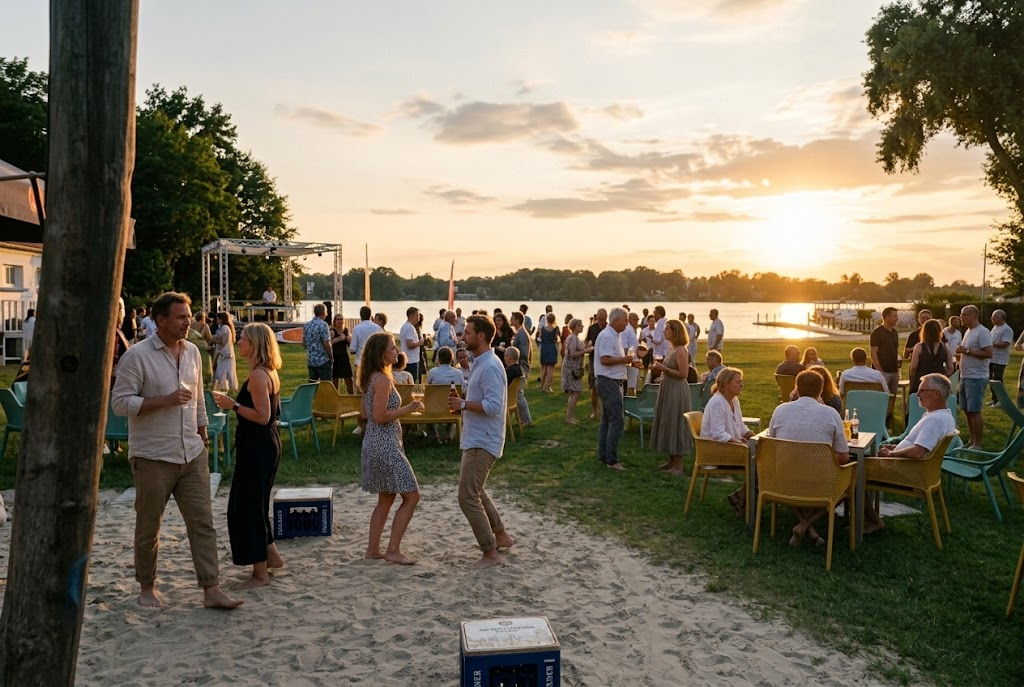 Menschen tanzen bei Sonnenuntergang am See vor einem DJ-Setup – stimmungsvolles Beitragsbild zur Beachparty Potsdam und zu Pirschheidi goes Beach.